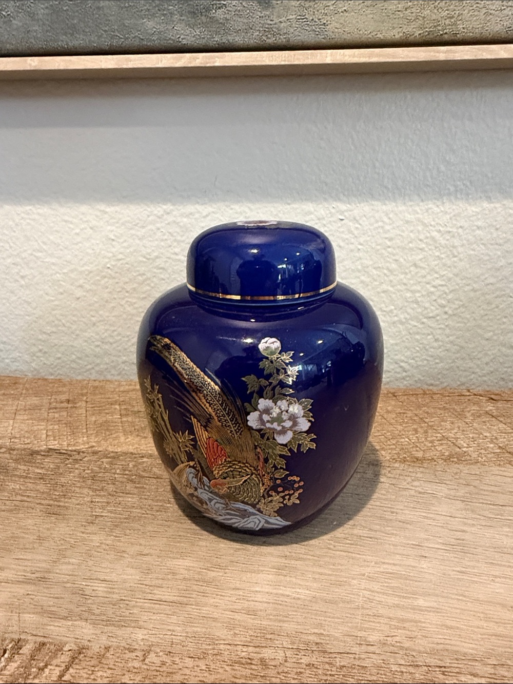 Decorative Vintage Blue Porcelain Ginger Jar with Floral & Bird Motif